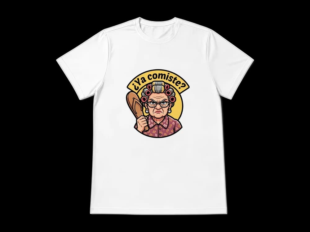 Camiseta personalizada con IA: Una abuela colombiana con rulos y una chancla en la mano, con el texto «¿Ya comiste?»