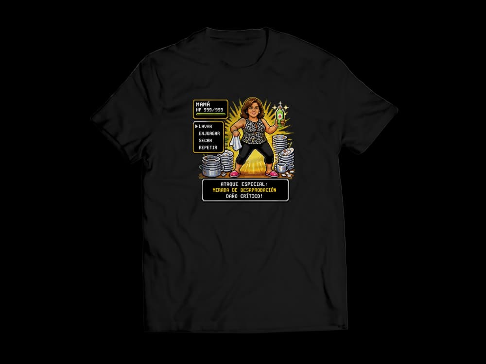 Camiseta personalizada con IA: Mi mamá como jefe final de videojuego cuando ve la loza sucia