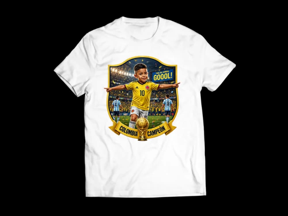 Camiseta personalizada con IA: Mi hijo con la camiseta de Colombia anotando un gol en la final del mundial de futbol