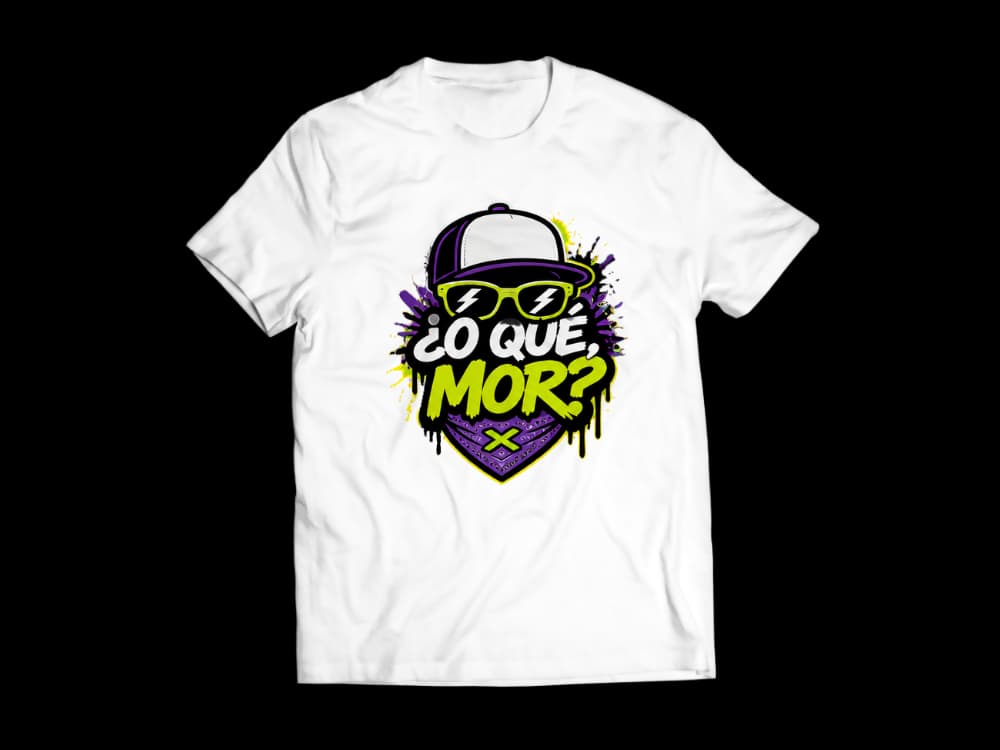 Camiseta personalizada con IA: La frase ¿O qué, mor? estilo Feid