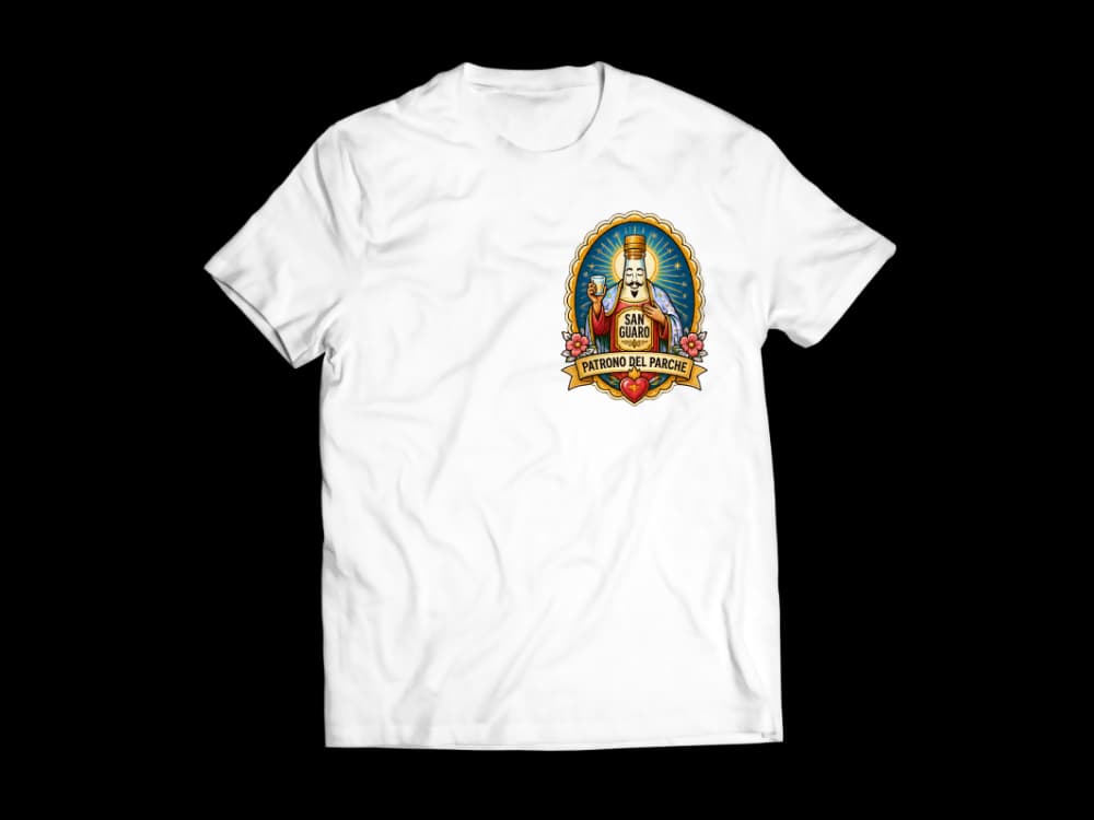 Camiseta personalizada con IA: San Guaro, patrono del parche, estilo estampita religiosa